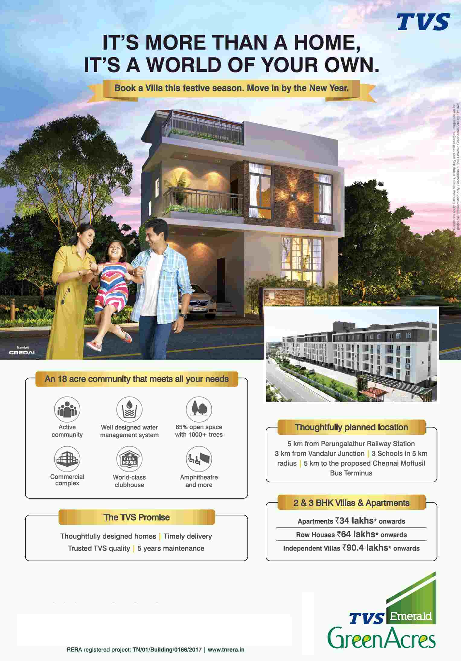 Live in 18 acre community that meets all your needs at TVS Emerald Green Acres in Chennai